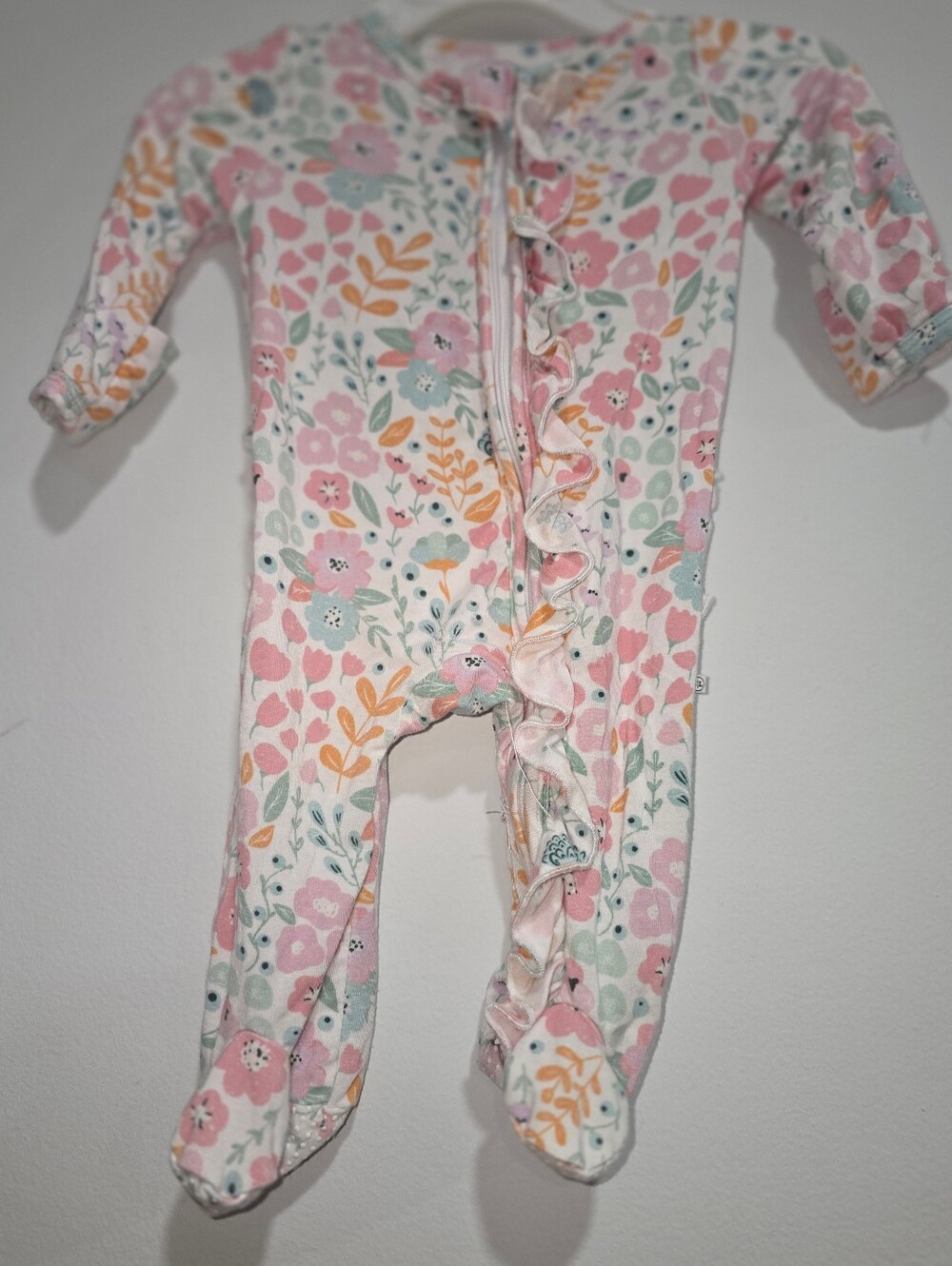 Caden Lane Pink Floral Ruffle Zip Footed One-Piece